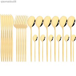 Espejo 24 piezas Juegos de cubiertos de oro Vajilla de cocina Cuchillo de acero inoxidable Tenedores Cucharas Cubiertos de plata Juego de cubiertos para el hogar Juego de vajilla L230704