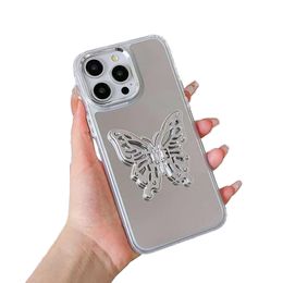 Mirror Butterfly Stand Mobile Phone Case voor iPhone 15 Pro14 13 12 11 Ladies Make -up Mirrors Beschermende Cover Hard Shell Shockproof Anti Drop Electroplating Proces