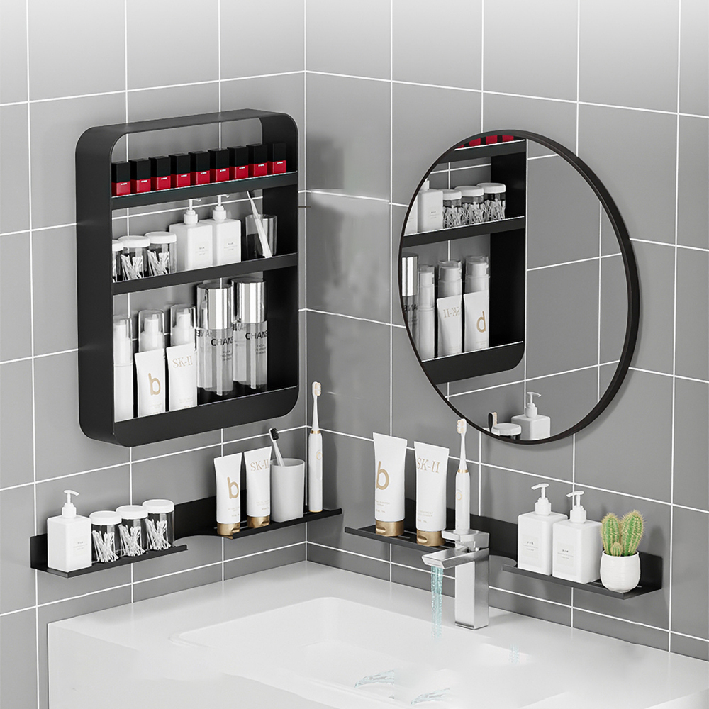 Lustro przedni stojak na kran Toliet na ścianę kosmetyka półka magazynowa czarna aluminiowa taca prysznic domowy organizator uchwyt na łazienkę