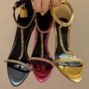 Mirror lederen hangslot puntige ketting ketting enkelstrap hakken sandalen 10,5 cm open teen metallic hiel ontwerpers feestavond schoenen