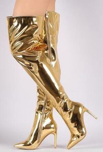 Spiegel lederen dij-hoge laarzen puntige neus sexy Gladitor over de knie laarzen voor vrouwen zilver goud metallic lederen boot