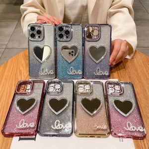 Mirror LOVE Bling Diamond Funda para iPhone 15 14 Plus 13 12 11 Pro XR XS MAX X 8 7 Smile Soft TPU Fundas cromadas con revestimiento de lujo Corazón Maquillaje Gradiente Glitter Funda para teléfono