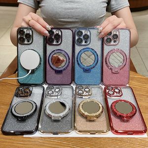 Miroir Magror Magnetic Wireless Charging Base pour iPhone 15 Plus 14 Pro Max 13 12 Mini 11 x XS 8 7 Gradient Bling Glitter ChromEd Soft TPU Lens Protector Kickstand Cover