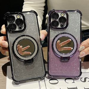 Miroir Magnetic Wireless Charging Cascolds amortiss pour iPhone 15 Plus 14 Pro Max 13 12 11 Finger Ring Holder Gradient Bling Placing Placing ChromEd Soft TPU Lens Cover