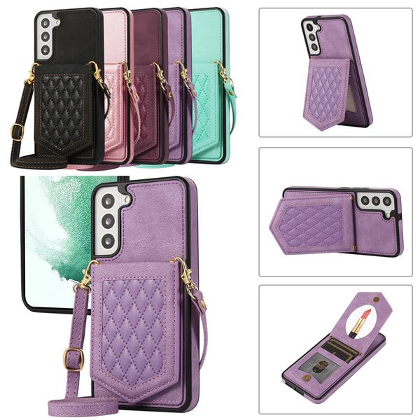 Étuis porte-cartes multifonctions miroir pour Samsung S23 Ultra Plus S22 A53 5G S21 FE S20 Diamond ID Slot Pocket Pack TPU Couverture Arrière Filles Bandoulière Longe