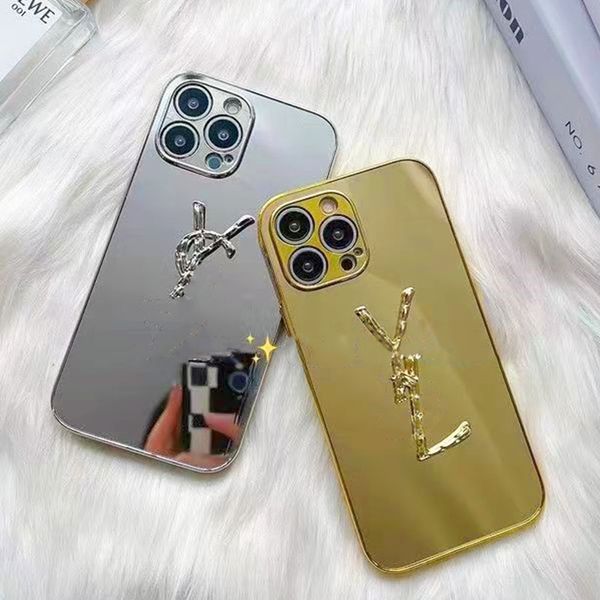 Étui de téléphone miroir de maquillage plaqué de luxe pour iPhone 15 Pro Max Case Apple iPhone 14 Pro Max 13 Pro 12 11 Pro X XS Max XR 14 Plus Case Triangle P YL Golden Designer Phonecase