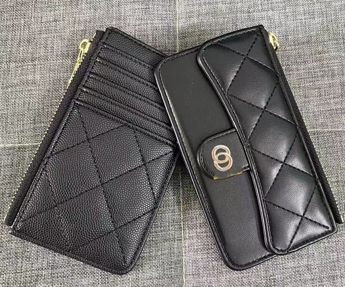 Mirror quality 10a designer black wallets real leather luxury women purses handbags purses fold card holder zipper woman clutch wallet black flip caviar purse bag