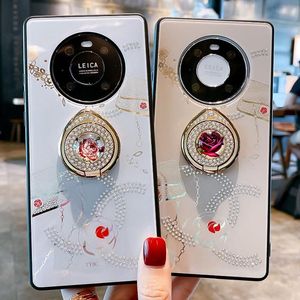 Spiegel Rhinestone Bloem Telefoon Gevallen met Ring Stand voor iPhone 12 11 Pro Max XR X XS 7 8 Plus Huawei P30 P40 Mate30 Mate40 Nova8Pro