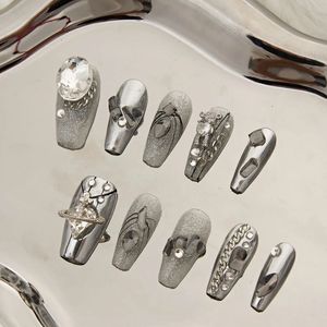 Spiegel zilver lange nagel zwart Franse nagel koel bloemenketen decor hart vorm press op nep nagels 240430