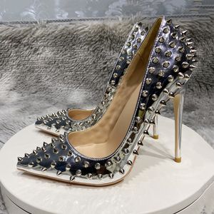 Mirror Silver Spikes Shoes Mujeres Red Bottom Pointed Thin Heel Pumps Sparkly Rivets High Heels