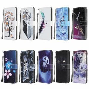 Estuches de billetera de cuero con estampado de moda para Iphone 15 14 Pro Max 13 12 11 XS XR X 8 7 6 Flor de dibujos animados Leopardo Panda Lobo Mariposa Titular de plumas Funda con tapa Funda con correa