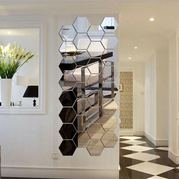Miroirs 12 pièces de carreaux de miroir 3D hexagonaux auto-adhésifs décoration de la maison autocollants d'art salle de bains bricolage Decor227E