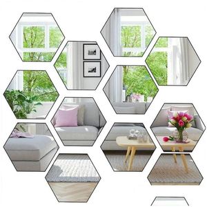 Miroirs 12 pièces/lot 3D miroir Stickers muraux hexagone forme acrylique amovible autocollant décalcomanie bricolage décoration de la maison Art ornements goutte Deliv Dhu7R