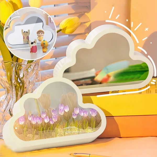 Miroirs 2023 DIY Cloud Tulip LED NIGHT Light Girl Bedroom Ornement Creative Photo Frame Mirror Table Lampe Bedside Mandmade Birthday