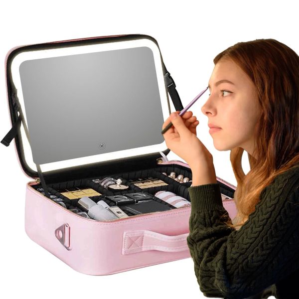 Miroirs 2023 nouveau sac de maquillage LED intelligent avec miroir avec compartiments étui à cosmétiques de voyage en cuir PU étanche pour les femmes