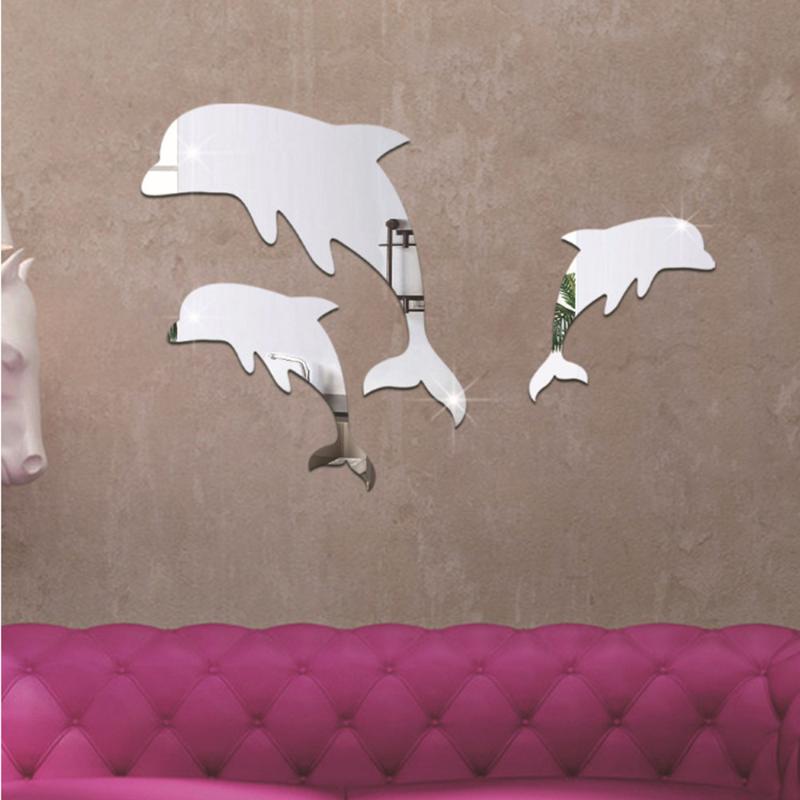 Spiegels 3 stks dolfijn oceaan dier dieren decor spiegel sticker decoratieve onregelmatige plastic vloer badkamer slaapkamer acrylicmirrors