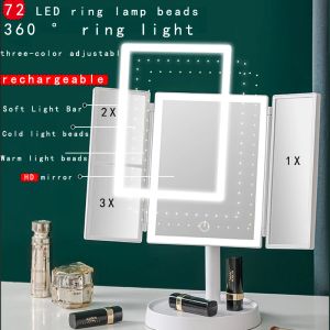 Miroirs Miroir de maquillage à 72 LED avec miroirs de vanité légers pour chambre à coucher, miroir grossissant lumineux avec coiffeuse à cosmétiques LED