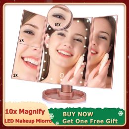 Miroirs Bji miroir de maquillage à LED écran tactile 3 pliant 22 lumières LED miroirs cosmétiques livraison directe 2x 3x 10x loupe miroir de Table de beauté