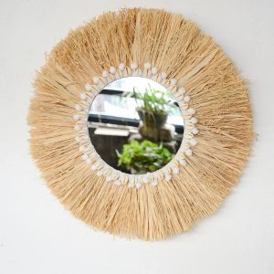 Miroirs boho ameublement forêt rotin miroirs muraux décoratifs raphia tissé en bois perle tapisserie salon miroirs décoratifs