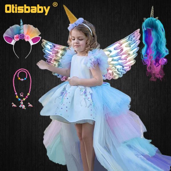 Miroirs de Noël filles robe de licorne avec longue queue + ailes perruque coiffeur bébé fille princesse anniversaire fête robe de bal