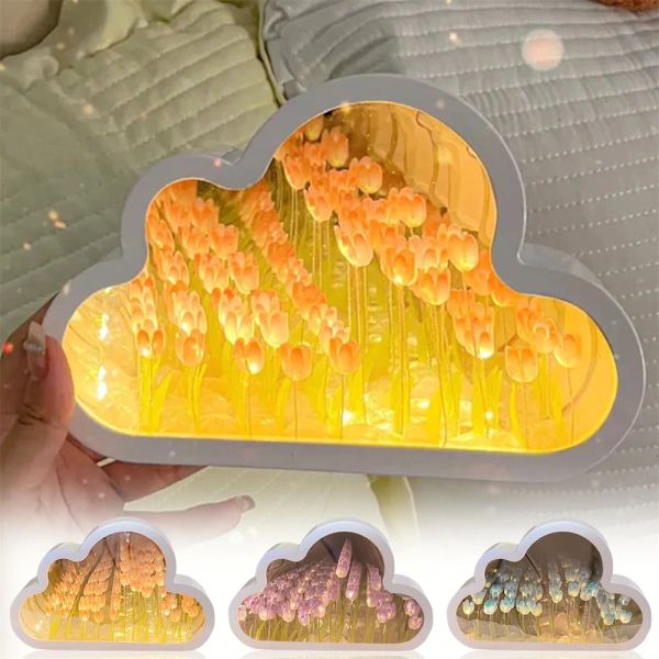 Espejos DIY Nube Tulipán LED Luz de Noche Lámpara de Espejo Lámparas de Escritorio para el hogar Dormitorio de niña Adornos de cabecera Marco de Fotos Creativo Lámpara de Mesa