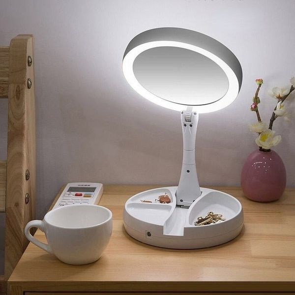 Espejos Plegable Carga USB o Batería Led Espejo Maquillaje Blanco Vanidad Espejo cosmético con luz 10X Espejos de mesa de aumento 230628