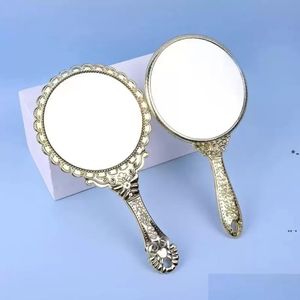 Miroirs Miroirs de maquillage à main romantique Vintage Hold Zerkalo poignée dorée ovale rond miroir cosmétique maquillage outil commode cadeau S6 D Dhjyh