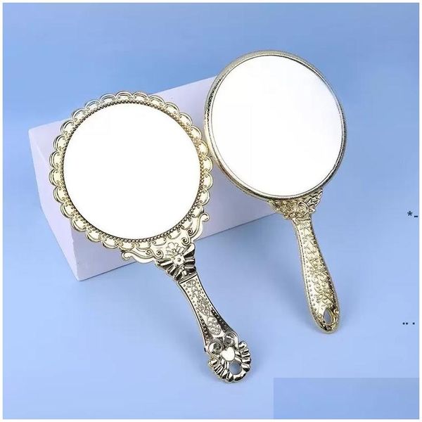 Miroirs Maquillage à main Romantique Vintage Main Tenir Zerkalo Poignée Dorée Ovale Rond Miroir Cosmétique Maquillage Outil Commode Cadeau 0510 Dhni5