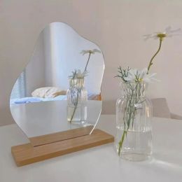 Miroirs Miroir de maquillage miroir décoratif coréen miroirs acryliques irréguliers avec Base en bois outils de beauté accessoires Photo Espejos Decorativos