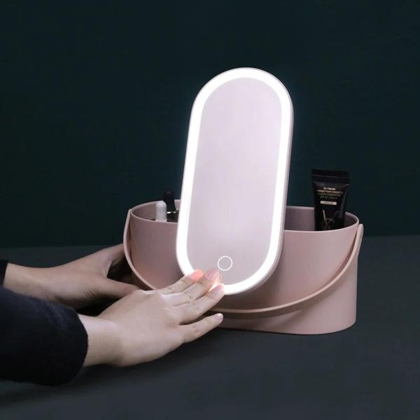 Miroirs Boîte de rangement de maquillage avec miroir lumineux LED, organisateur de maquillage de voyage Portable, organisateur de cosmétiques, rangement de lumière tactile, étui de maquillage Hjoy