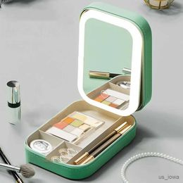 Mirrores Caja de almacenamiento de maquillaje con LED Light MAKEP MEPOR MEJORO Portable Cosméticos Organizador de almacenamiento de cosméticos Espejos 3 brillo ajustable