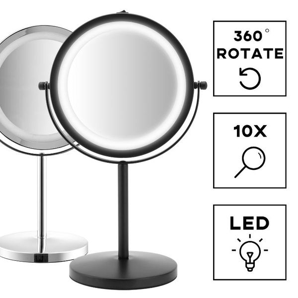 Espejos Espejo de tocador de maquillaje con luces LED 23,3 cm Doble cara Aumento de 10X Iluminación de 3 colores Toque cosmético regulable