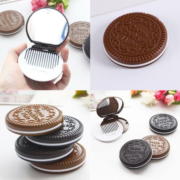 Miroirs Mini Biscuits Au Chocolat De Poche Miroir Compact Avec Peigne Mignon Couleur Café Profond Forme Ronde Biscuit Sandwich Réaliste