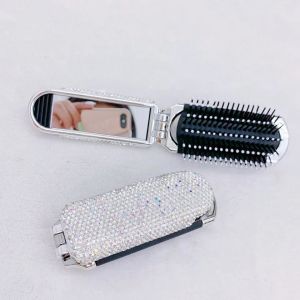 Spiegels Mini Draagbare Opvouwbare Kam Spiegel Diamant Luchtkussen Bling Strass Cosmetische Reistas Haarborstel Make-up Tool