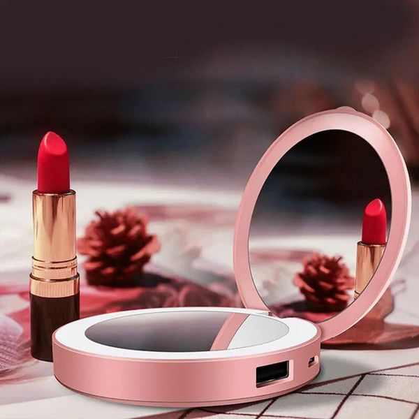 Espejos Mini portátil redondo HD espejo de maquillaje LED luz Bump plegable belleza herramienta cosmética viaje banco de energía móvil USB recargable