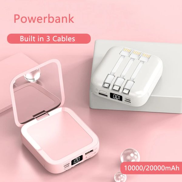 Espejos Mini Power Bank 20000mAh con espejo de maquillaje Cargador portátil de carga rápida Powerbank con cable Poverbank Batería para teléfono móvil