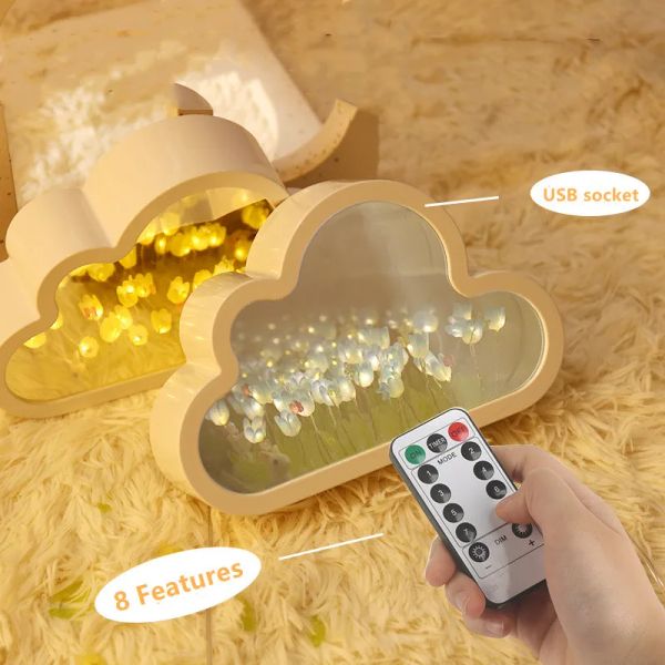 Espejos Nuevo DIY Control Remoto Tulipán Nube LED Luz Nocturna Adornos de Dormitorio para Niña Marco de Fotos Espejo Lámparas de Mesa Mesita de Noche Regalos Hechos a Mano