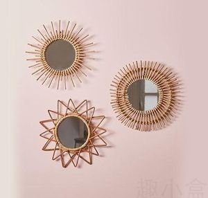 Miroirs Nordic Ins Japonais Mur En Rotin Miroir Décoratif Dressing Art Décoration Ronde Suspendue