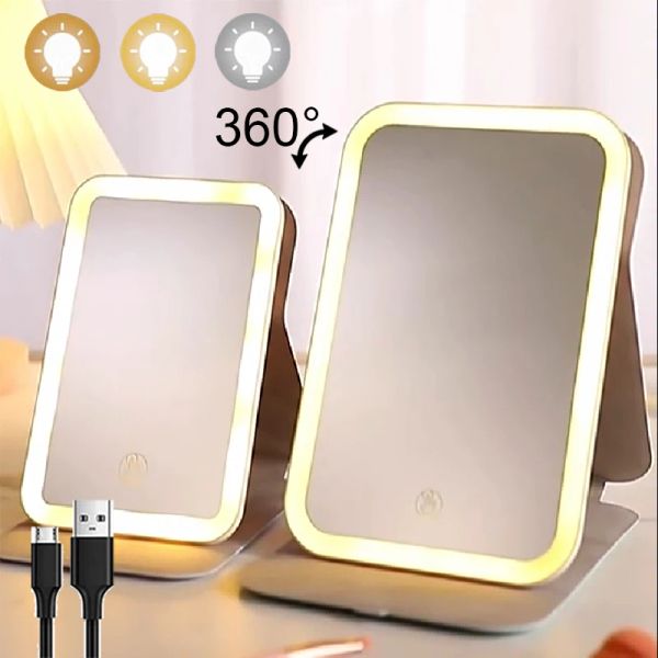 Miroirs miroir à LED pliant portable 360 chambres coiffeuse de bureau miroirs de voyage pour femmes outils de maquillage debout miroir avec lumières