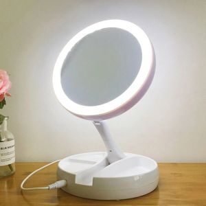 Espejos Espejo de maquillaje portátil con espejos de luz LED Carga USB o alimentado por batería con aumento de 10 veces Espejo de doble cara