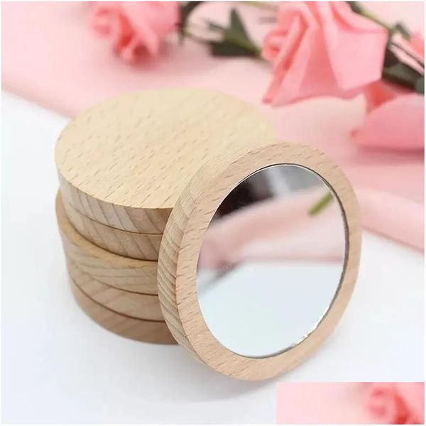 Miroirs Miroir cosmétique en bois pur rond Portable orme maquillage miroirs étudiants portables maquillages petite princesse Ome votre logo Drop D Dhgu6