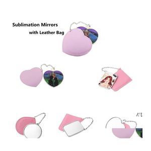 Miroirs Sublimation Avec Sac En Cuir Portable Rond Cosmétique Miroir Feuille D'aluminium Vierge Fille Petit Cadeau De Mariage Fourniture D'affaires Dro Otoie