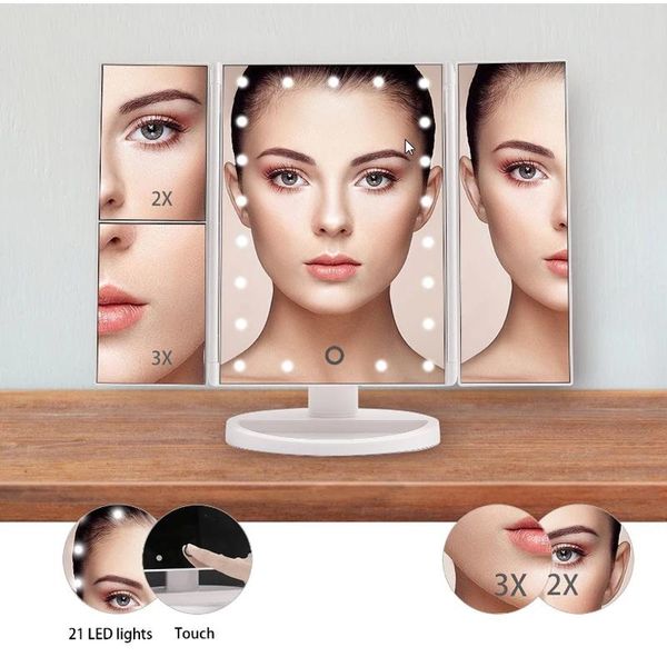 Miroirs Miroir de maquillage de vanité éclairé à trois volets à écran tactile par 22 LED avec grossissement 1x/2x/3x chargement USB support réglable à 180 degrés