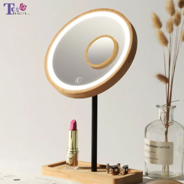 Espejos Espejo de maquillaje Led de escritorio de madera, espejos de belleza con pantalla táctil de luz difusa brillante ajustable con carga USB y aumento 3x