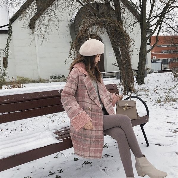 MISHOW otoño invierno abrigo de lana a cuadros nueva moda causal mujeres cuello vuelto abrigo largo rosa MX18D9678 201218