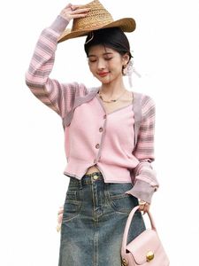 Mishow rose Ctrast rayé tricoté Cardigan pour les femmes printemps coréen col en V simple boutonnage faux deux pièces pull MXD13Z0410 s1JA #