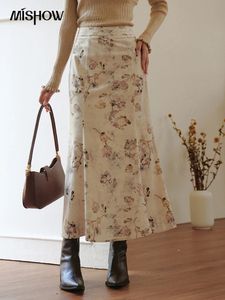 Mishow Womens Floral Printing Fishtail Lange rok herfst Elegante retro zipper Hoge taille corduroy schattige rokken MXC55B0136 240403