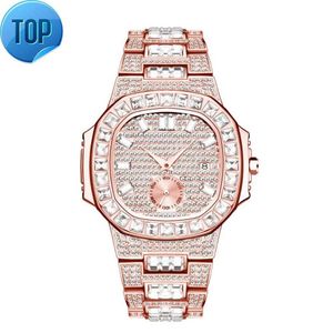 MISS FOX diamanten horloge voor heren analoog roségouden polshorloge quartz kalender hardlex herenhorloges met stalen gesp