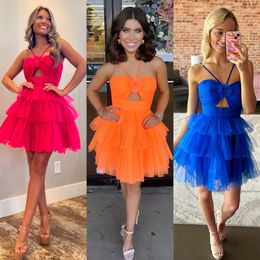 Miss Lady Pageant Interview Jurk Orange Ruffle Tulle Red Carpet Couture Cocktail Gown Semi Formele evenementenfeest Afstudeerden Homecoming Night Club Cut-Out Rosette Blue