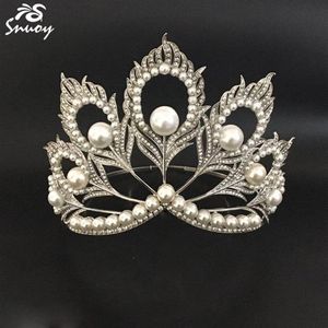 Miss Universe Crowns Peacock Feathers Pearls Full Round Tiara Beauty Queen Crown Big For Pageant Women Sieraden Haaraccessoires C1277Q